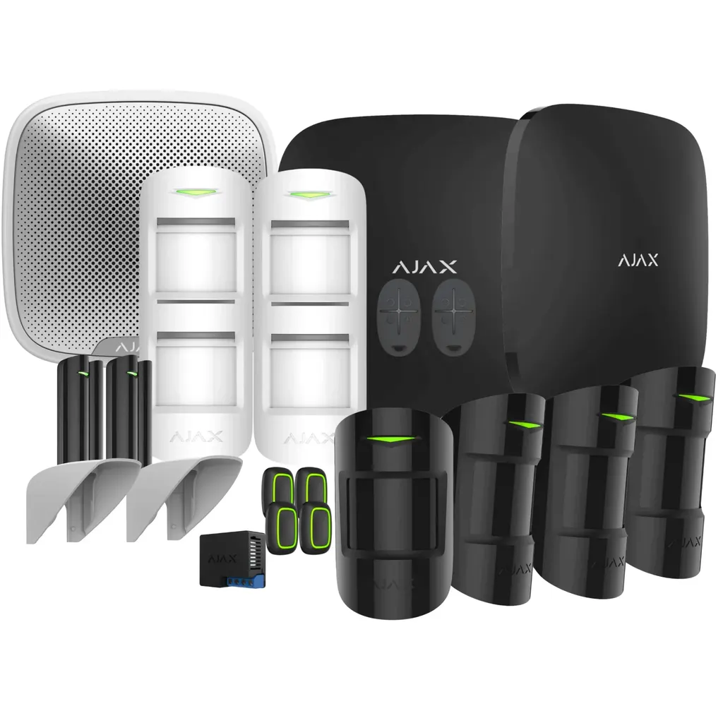 Ajax Estate Kit – komplettes Funk-Alarmsystem mit Hub, MotionProtect PIR-Bewegungsmeldern, DoorProtect Tür-/Fensterkontakten, StreetSiren Außensirene, WallSwitch Relais und SpaceControl Keyfobs in schwarz und weiß