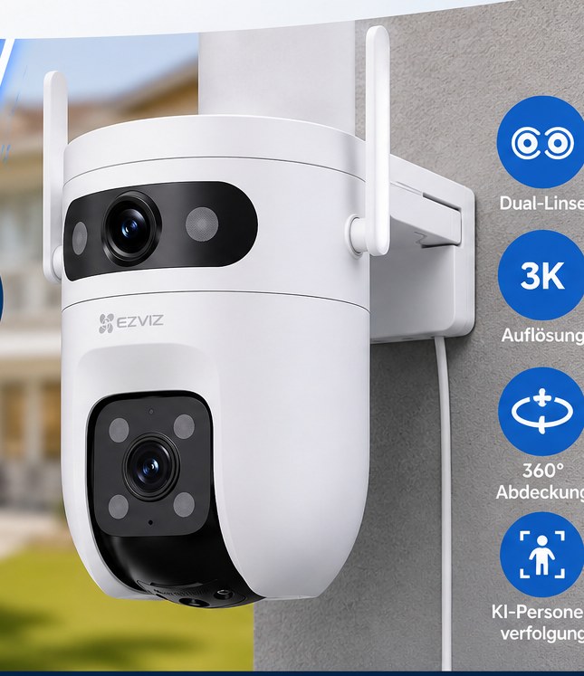 EZVIZ H9c 3K Dual-Linsen-WLAN-Überwachungskamera mit festem Weitwinkel oben, schwenkbarem 360°-Kopf unten und zwei WLAN-Antennen