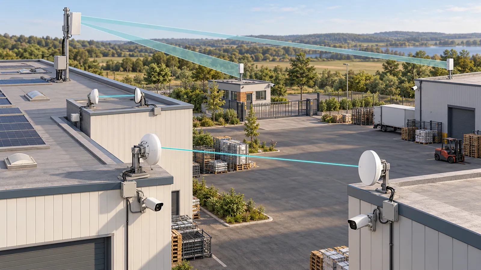 Gewerbegelände mit Ubiquiti-Richtfunkstrecken: Punkt-zu-Punkt-Verbindungen zwischen Hallen und Punkt-zu-Mehrpunkt-Anbindung von Pförtnerhaus und Überwachungskameras