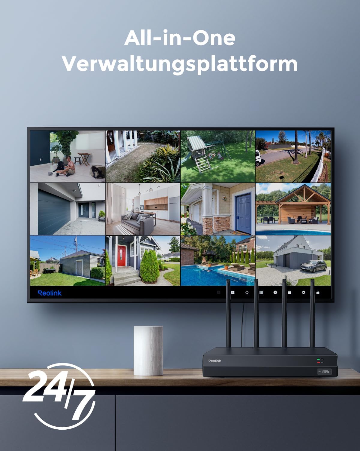 Reolink NVR All-in-One Verwaltungsplattform mit 12-Kanal-Multiview auf großem Monitor – zentrale 24/7 Aufzeichnung ohne monatliche Cloud-Gebühren