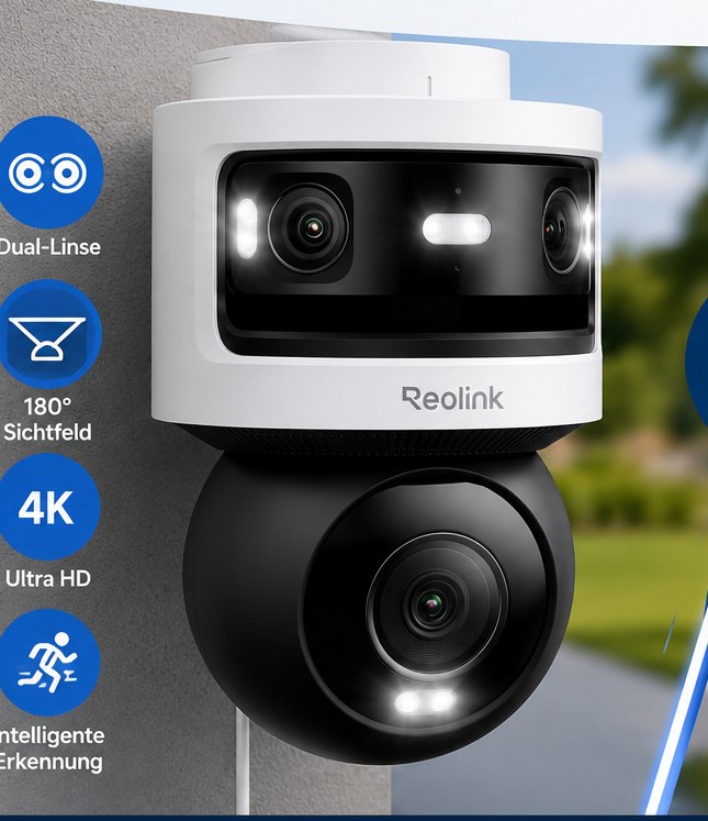Reolink Duo 3 Dual-Linsen-Überwachungskamera mit 16 MP, 180°-Panorama und Spotlights an einer Hauswand montiert