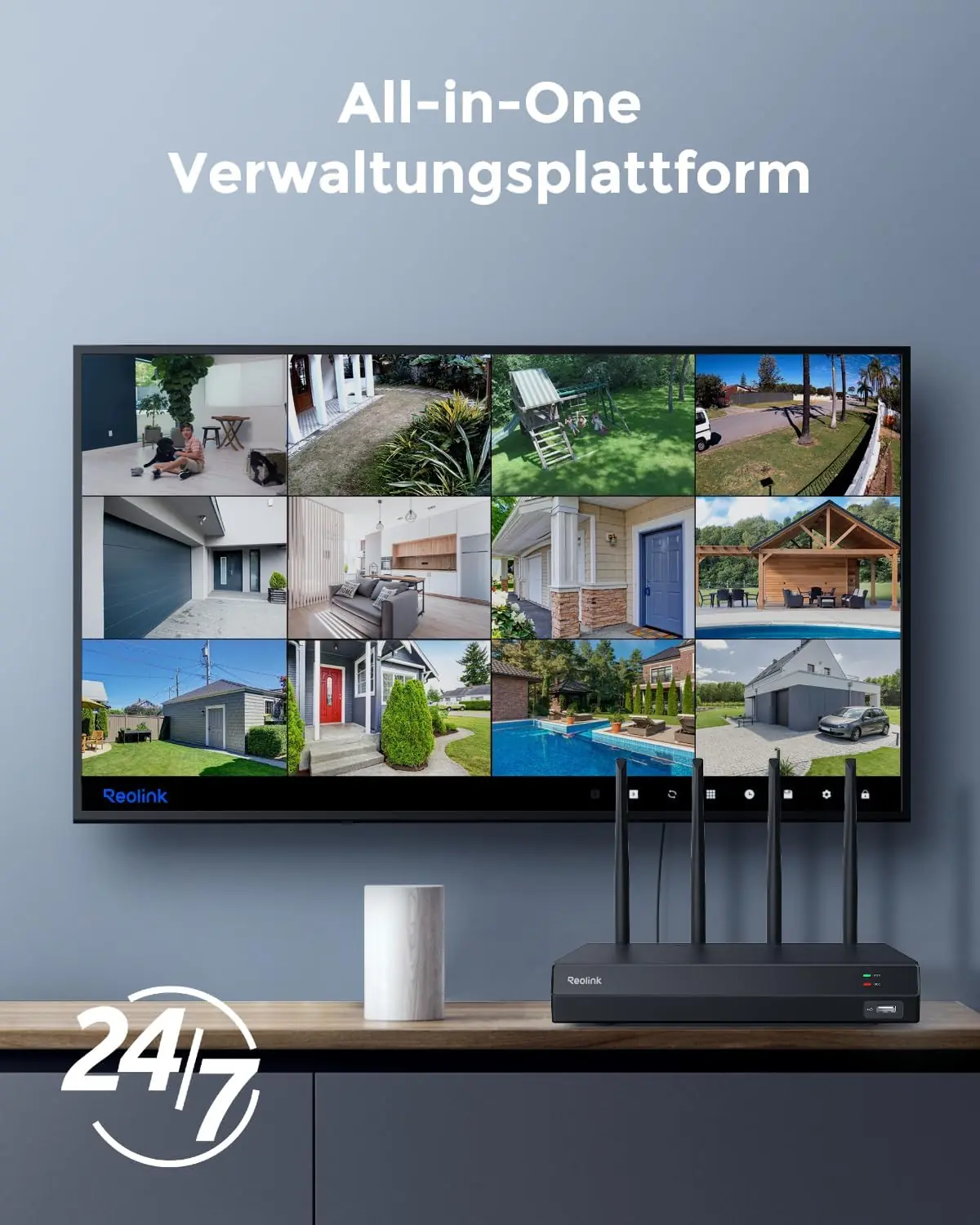 Reolink NVR All-in-One Verwaltungsplattform mit 12-Kanal-Multiview auf großem Monitor – zentrale 24/7 Aufzeichnung ohne monatliche Cloud-Gebühren