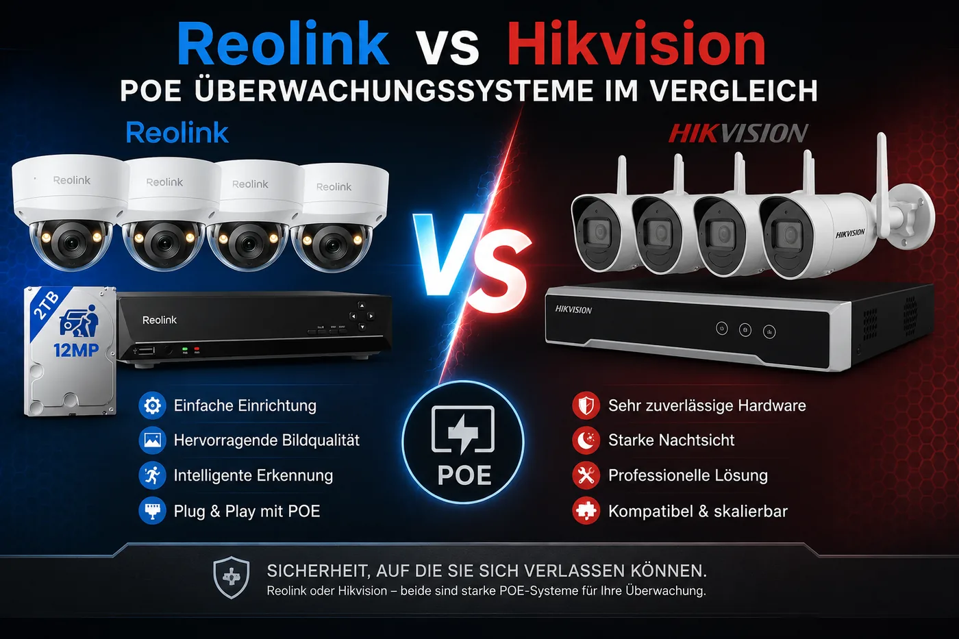 PoE-Überwachungskamera mit Netzwerkkabel an der Fassade gegen WLAN-Kameraset mit NVR – Reolink oder Hikvision im Vergleich 2026
