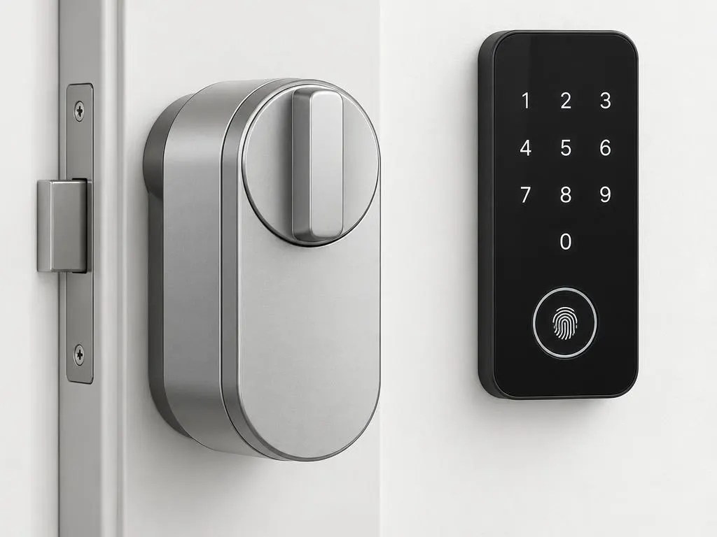 Smarter Türschlossantrieb mit Drehknauf innen an der Tür, daneben ein Keypad mit Zifferntasten und Fingerabdrucksensor