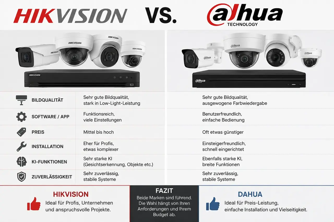 Hikvision Bullet Kamera und Dahua Bullet Kamera im direkten Vergleich an einer Gebäudefassade in Deutschland