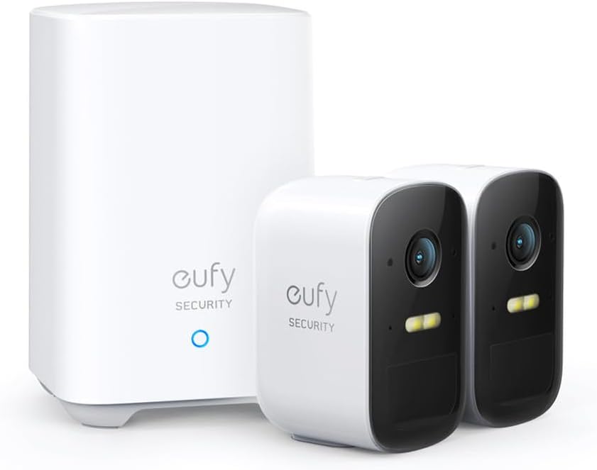 eufyCam 2C 2er-Set mit weißer HomeBase, lokalem Speicher und zwei Akku-Überwachungskameras mit LED und Nachtsicht