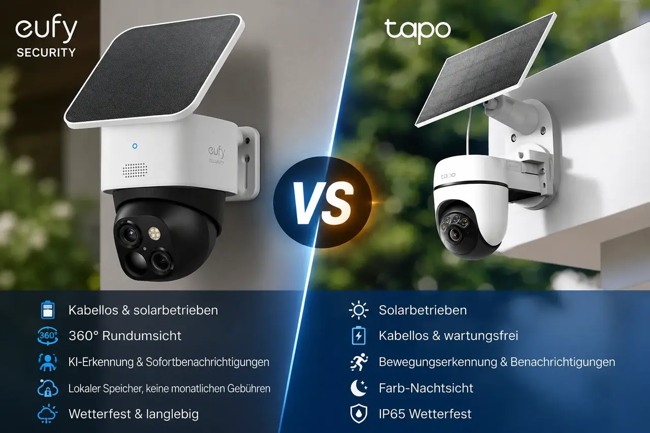 Eufy oder Tapo Kamera Vergleich – eufy Security Outdoor-Kamera mit Solarpanel und TP-Link Tapo Outdoor-Kamera direkt gegenübergestellt für Einfamilienhaus, Garten und Ferienhaus ohne monatliches Abo