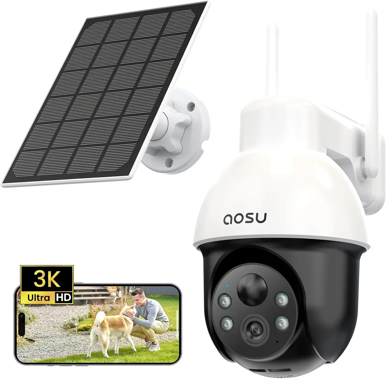 Aosu 3K PT Solar-Überwachungskamera weiß-schwarz mit Solarpanel, zwei WLAN-Antennen und Farbnachtsicht – Live-Ansicht auf iPhone in 3K Ultra HD