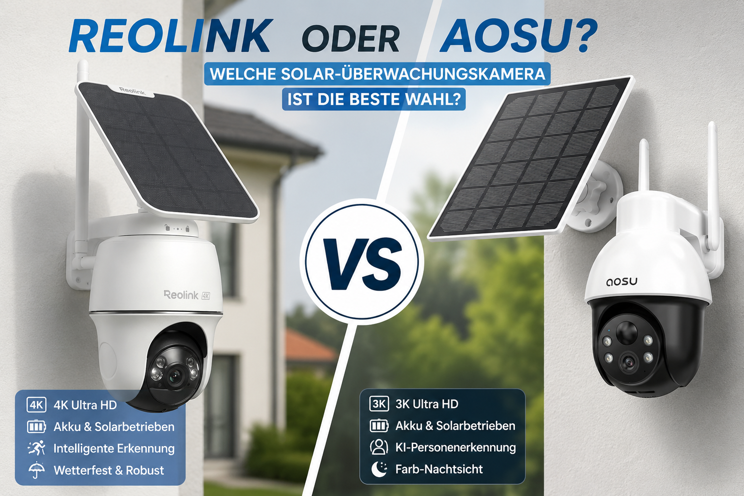 Reolink oder Aosu Solar-Überwachungskamera Vergleich 2026 – Reolink 4K PT Solar gegen Aosu 3K PT Solar ohne monatliche Gebühren