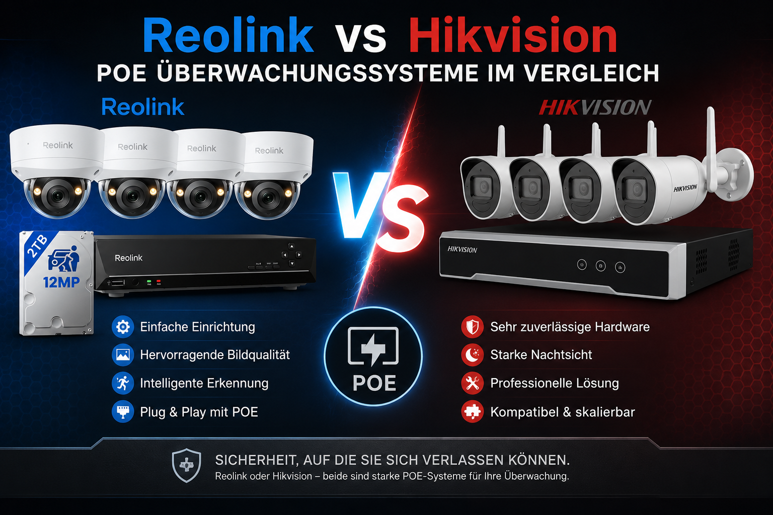 PoE-Überwachungskamera mit Netzwerkkabel an der Fassade gegen WLAN-Kameraset mit NVR – Reolink oder Hikvision im Vergleich 2026