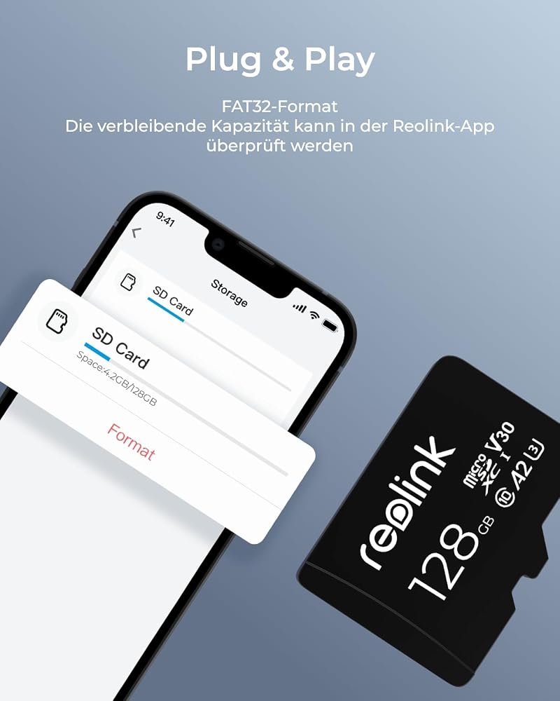 Reolink microSDXC Speicherkarte 128 GB Klasse 10 A2 V30 U3 für Reolink Überwachungskameras