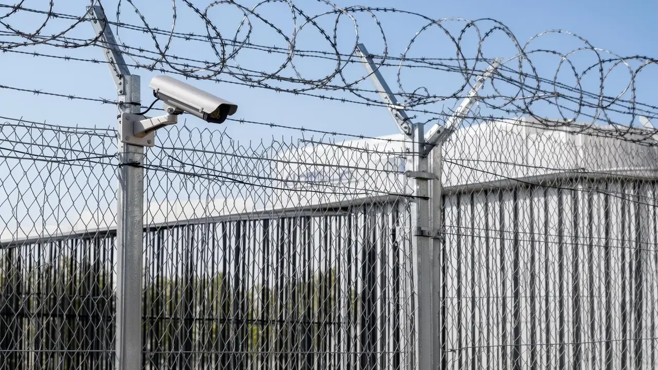 Industriezaun mit Stacheldraht und Überwachungskamera am Firmengelände