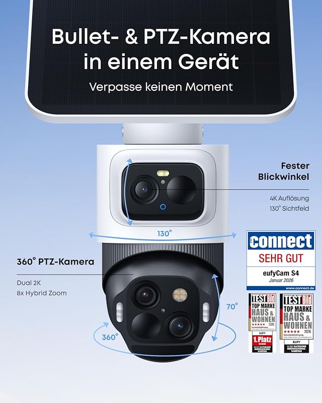 eufyCam S4 mit Solar-Outdoor-Überwachungskamera, integrierter Bullet- und PTZ-Kamera sowie HomeBase für lokale Speicherung ohne Abo