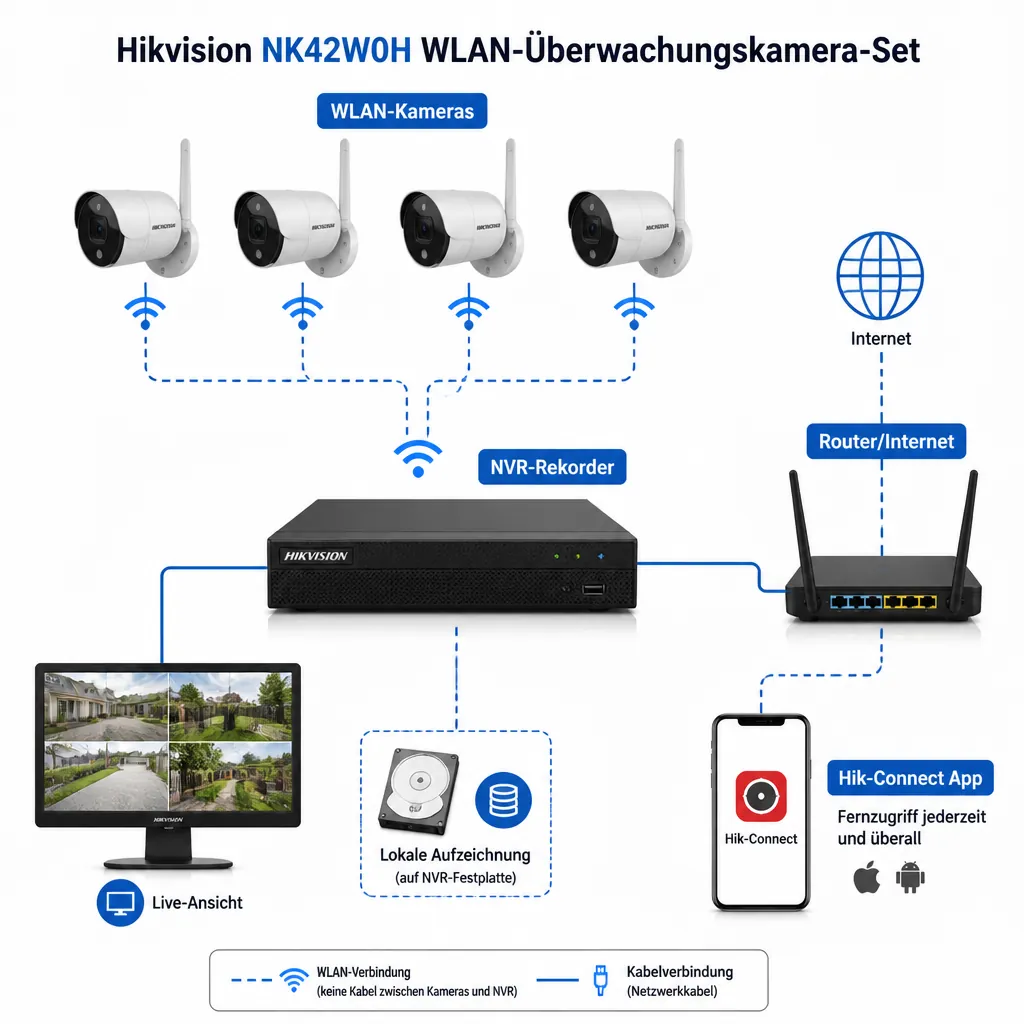 Hikvision Videoüberwachungskit NK42W0H mit vier 2-MP-Kameras, WLAN-NVR und 1 TB Festplatte