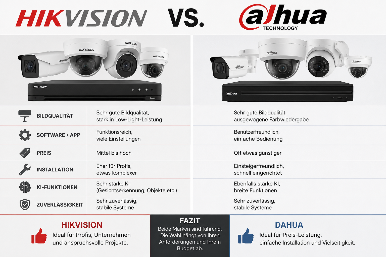 Hikvision Bullet Kamera und Dahua Bullet Kamera im direkten Vergleich an einer Gebäudefassade in Deutschland
