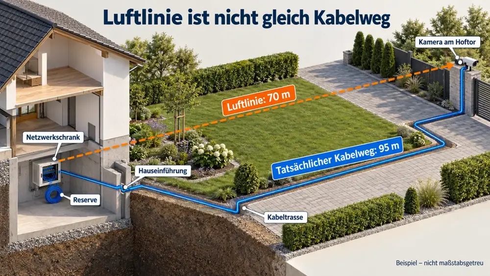 Schema: Luftlinie 70 m, tatsächlicher Kabelweg 95 m vom Netzwerkschrank über Hauseinführung und Kabeltrasse zur Überwachungskamera am Hoftor