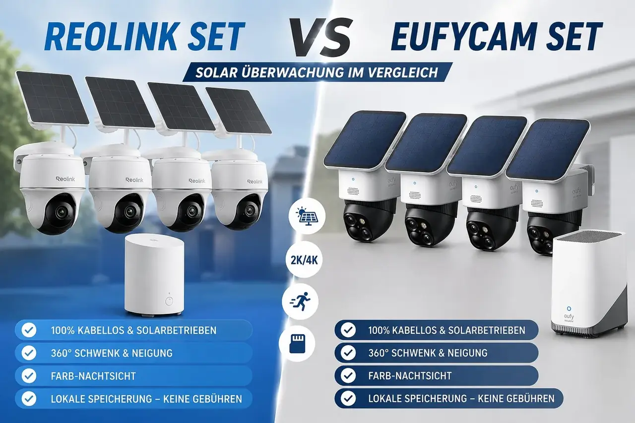 Reolink Set mit Home Hub Mini und vier Argus PT Lite gegen eufyCam 4er-Pack mit HomeBase – Solar-Überwachungssets im Vergleich 2026