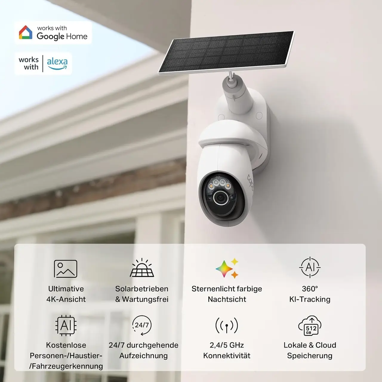 Tapo Solar Outdoor Kamera 4K mit Solarpanel an weißer Hauswand – 360° KI-Tracking, Farbnachtsicht, wartungsfreier Solarbetrieb, works with Google Home und Alexa