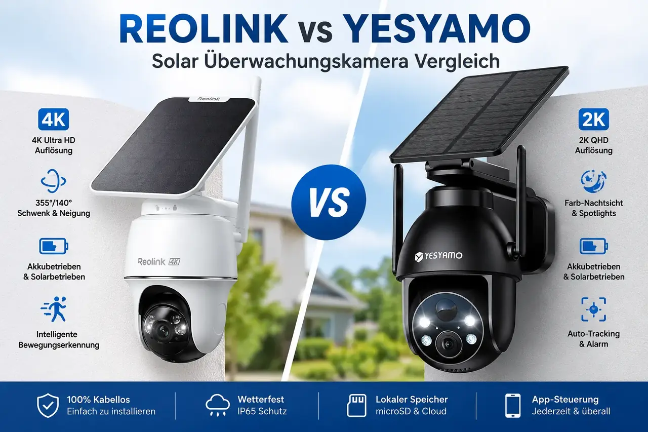 Reolink Argus PT Ultra 4K Solar-Überwachungskamera gegen YESYAMO 2K Akku-Solarkamera mit Schwenk und Neigung – Vergleich 2026