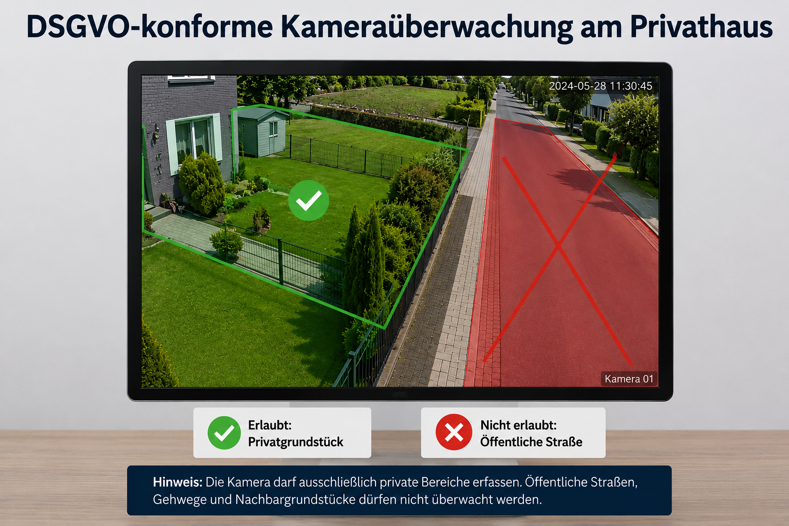 DSGVO-konforme Kameraüberwachung am Privathaus: Monitorbild mit grün markiertem Privatgrundstück (erlaubt) und rot markierter öffentlicher Straße (nicht erlaubt) – Beispiel für eine korrekt eingerichtete Privatzone