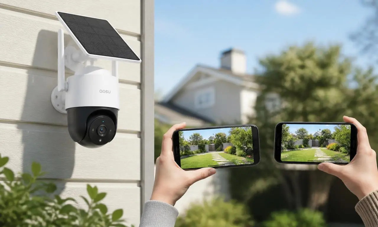 Aosu Überwachungskamera an der Hauswand, dazu zwei Smartphones mit identischem Live-Bild – Family-Share