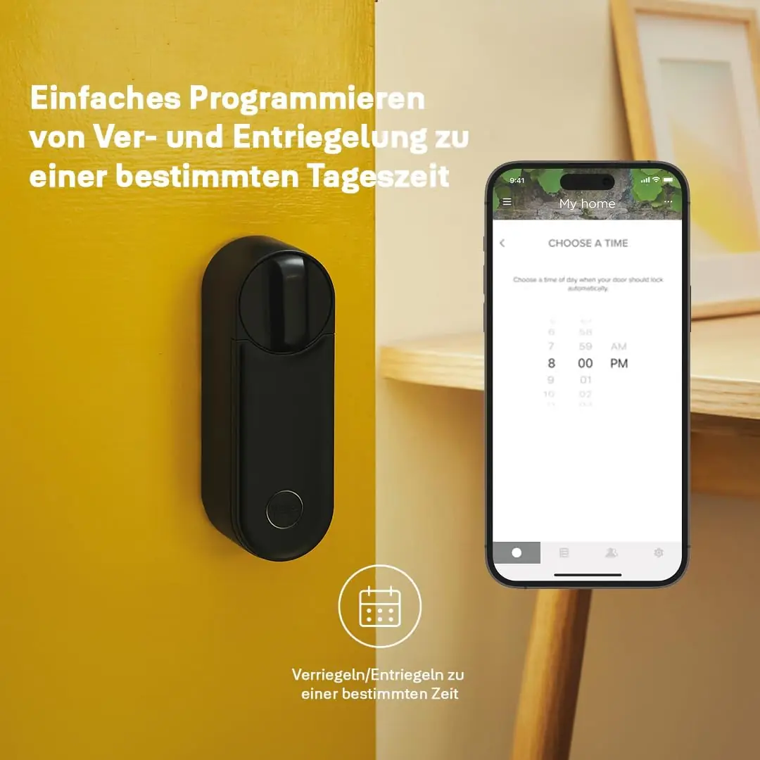 Yale Linus Smart Lock L2 in Mattschwarz an einer Wohnungstür, Zeitsteuerung in der Yale Home App