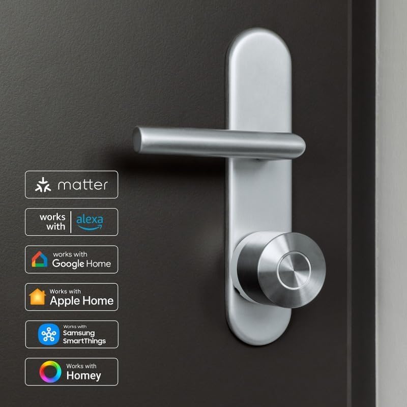 Nuki Smart Lock Pro an einer Tür, kompatibel mit Matter, Alexa, Google Home, Apple Home, SmartThings und Homey