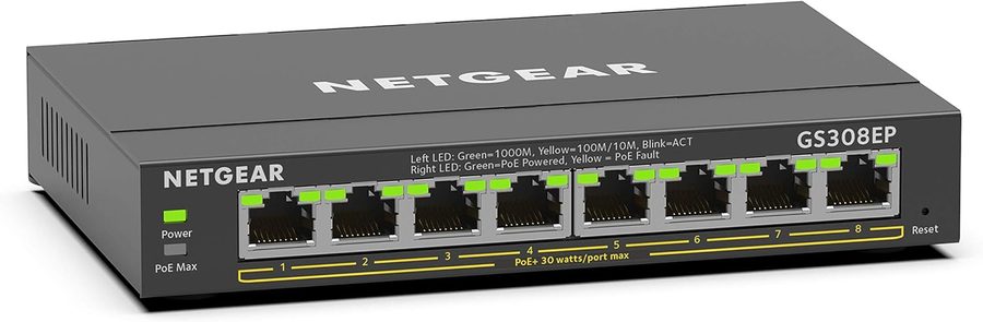 Netgear GS308EP 8 Port Gigabit PoE Plus Switch mit 62 Watt PoE Budget, lüfterlosem Metallgehäuse und Smart Managed Funktionen für Videoüberwachung im Einfamilienhaus