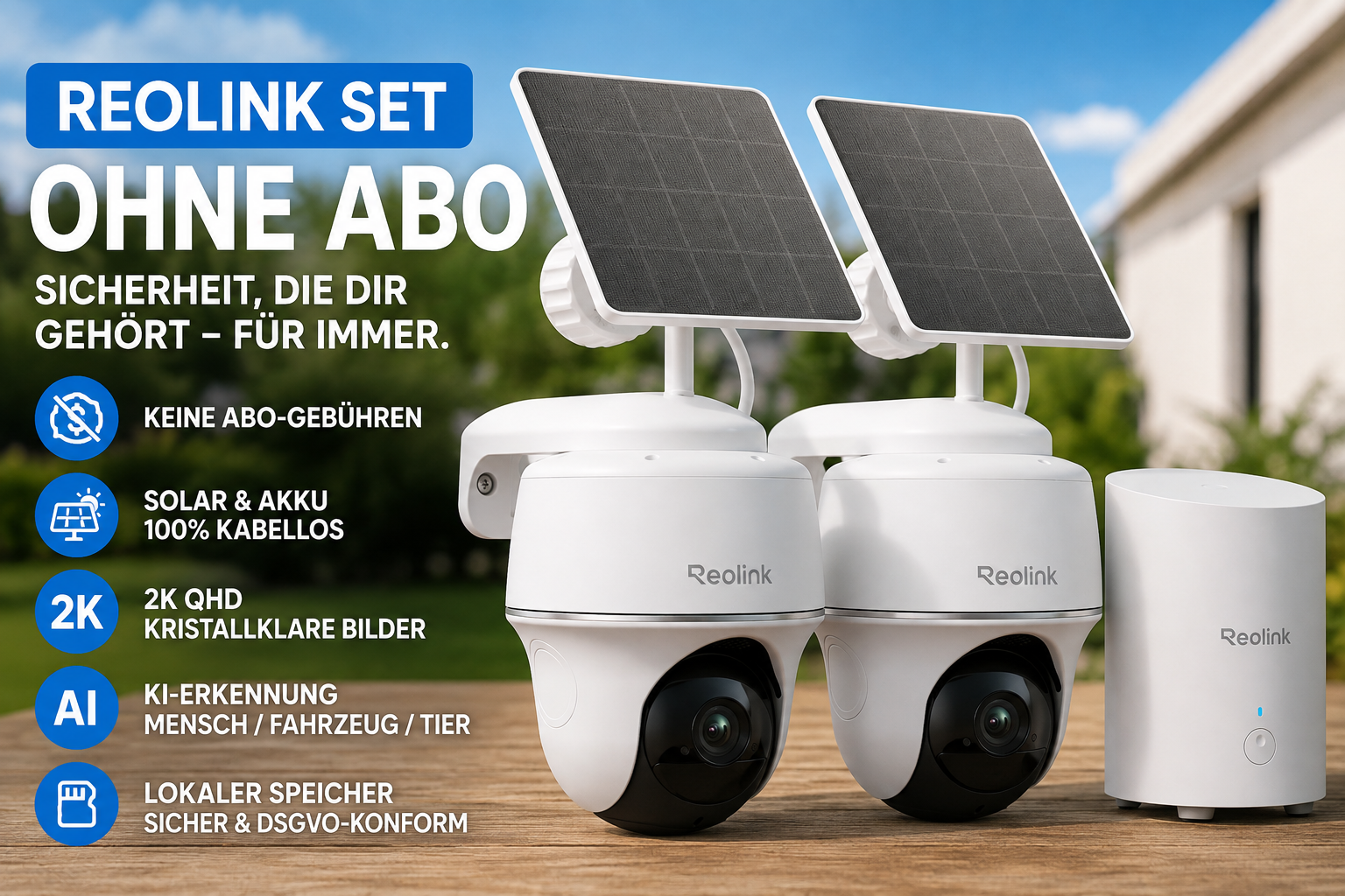 Reolink Set ohne Abo: zwei Argus PT Lite Solar-Überwachungskameras mit Solarpanel und Reolink Home Hub Mini auf einem Holztisch im Garten