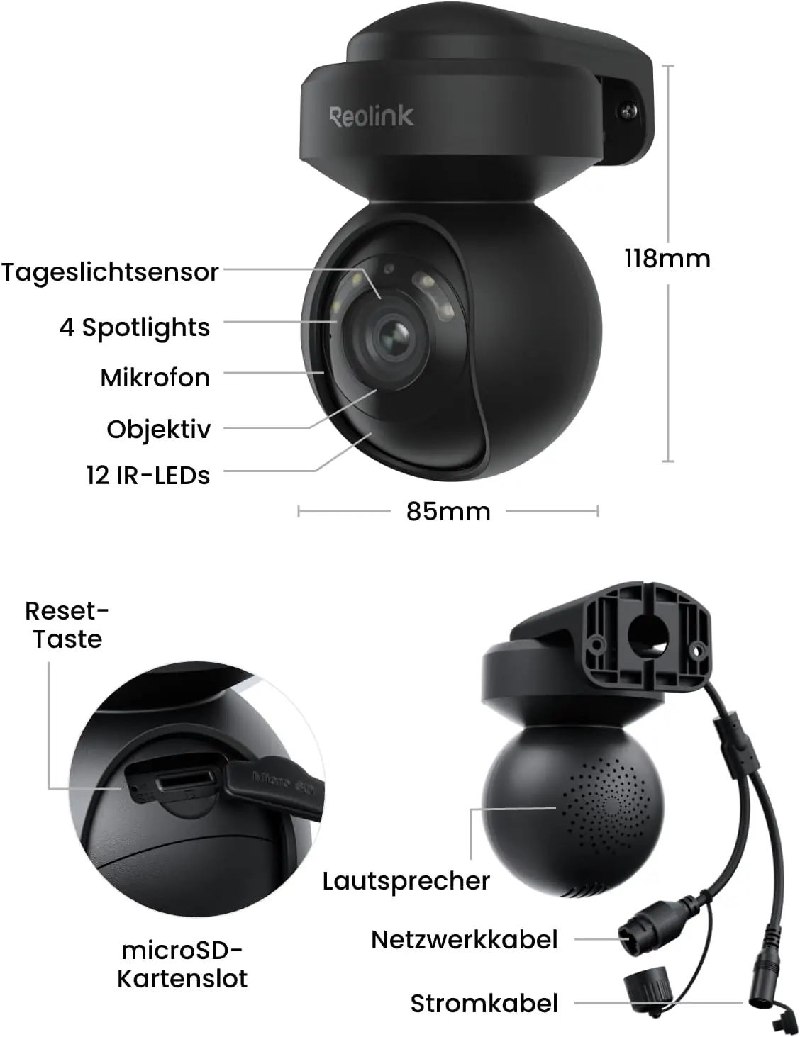 Reolink E1 Outdoor Pro Detailansicht – 4 Spotlights, Mikrofon, 12 IR-LEDs, microSD-Kartenslot, PoE und Stromkabel