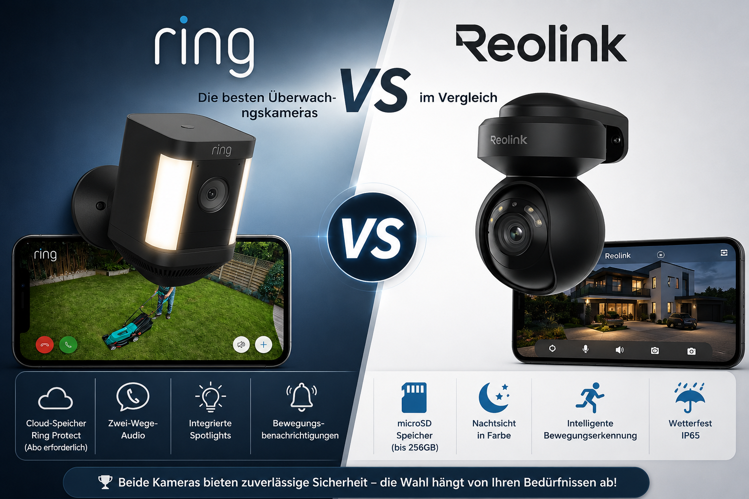 Ring oder Reolink Vergleich 2026 – Ring Spotlight Cam Plus gegen Reolink E1 Outdoor Pro Überwachungskamera im direkten Test