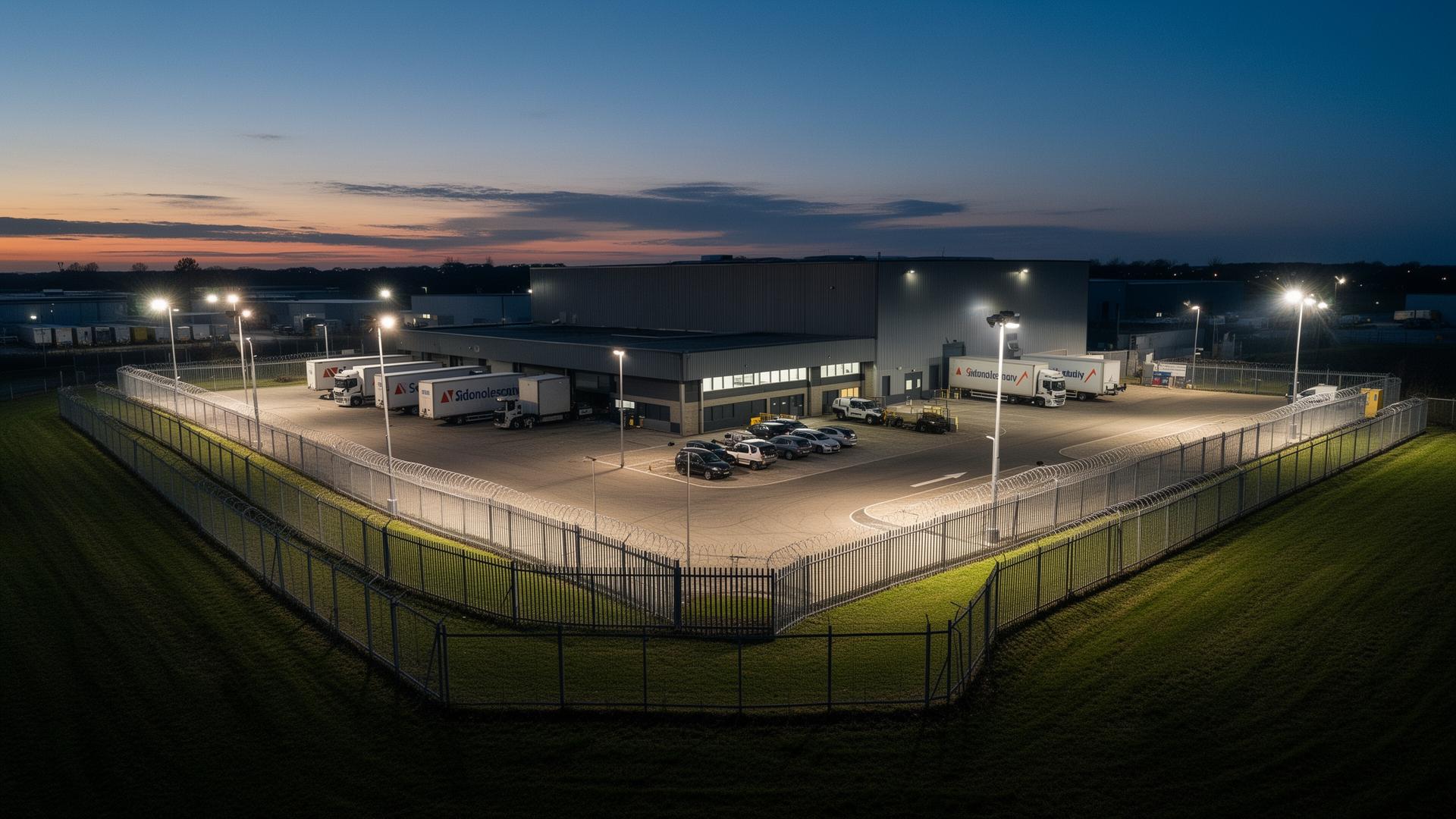 Industriezaun bei Nacht mit beleuchtetem Firmengelände – Perimeterschutz als erste Verteidigungslinie