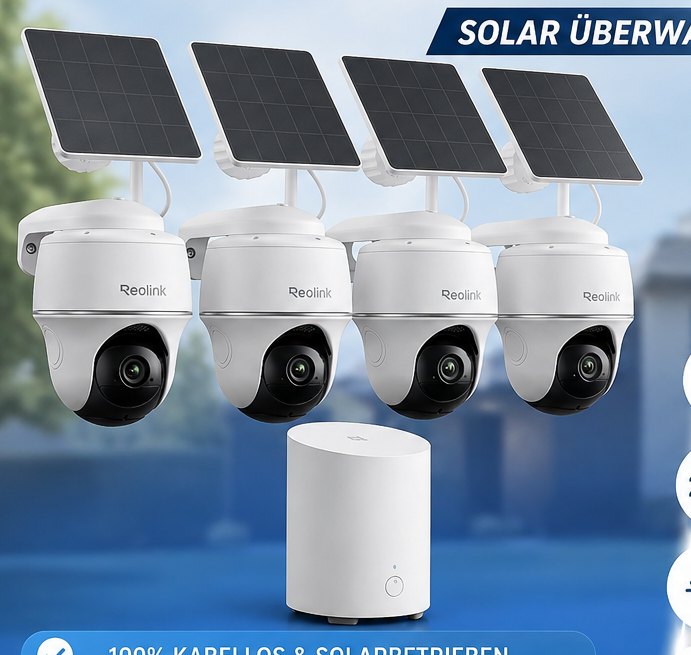 Reolink Set mit Home Hub Mini und vier Argus PT Lite Solar-Überwachungskameras mit Schwenk-Neige-Kopf