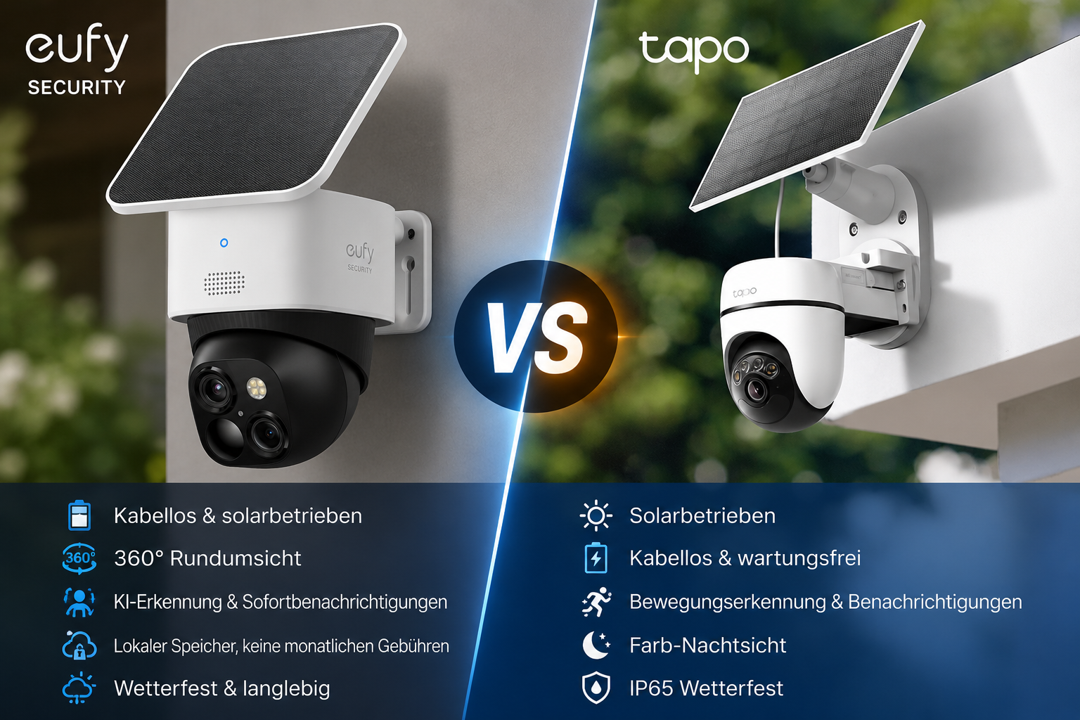 Eufy oder Tapo Kamera Vergleich – eufy Security Outdoor-Kamera mit Solarpanel und TP-Link Tapo Outdoor-Kamera direkt gegenübergestellt für Einfamilienhaus, Garten und Ferienhaus ohne monatliches Abo