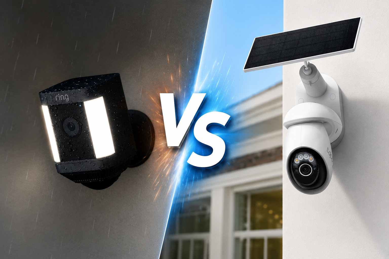 Tapo vs Ring Überwachungskamera Vergleich 2026 – Ring Spotlight Cam Plus mit LED-Scheinwerfern gegen Tapo Solar Outdoor 4K PT mit Solarpanel
