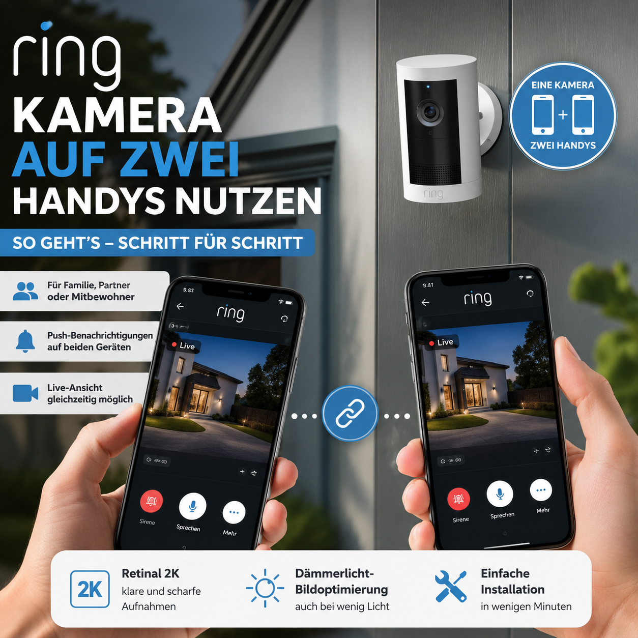 Ring Überwachungskamera an einer Hauswand mit zwei Smartphones, die parallel das Live-Bild anzeigen – Anleitung Ring Kamera auf zwei Handys nutzen