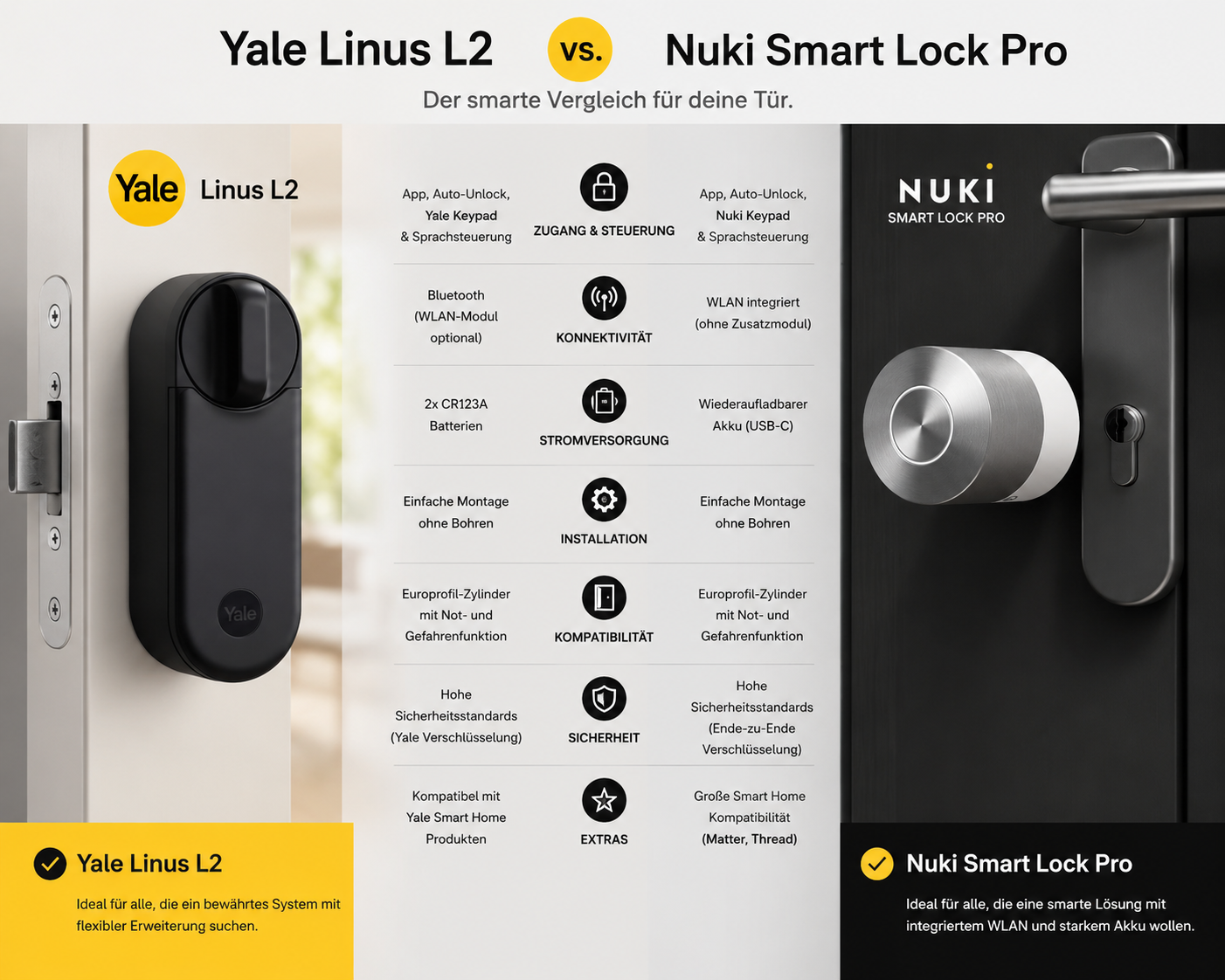 Yale Linus Smart Lock L2 und Nuki Smart Lock Pro im direkten Vergleich 2026, smartes Türschloss für Europrofilzylinder