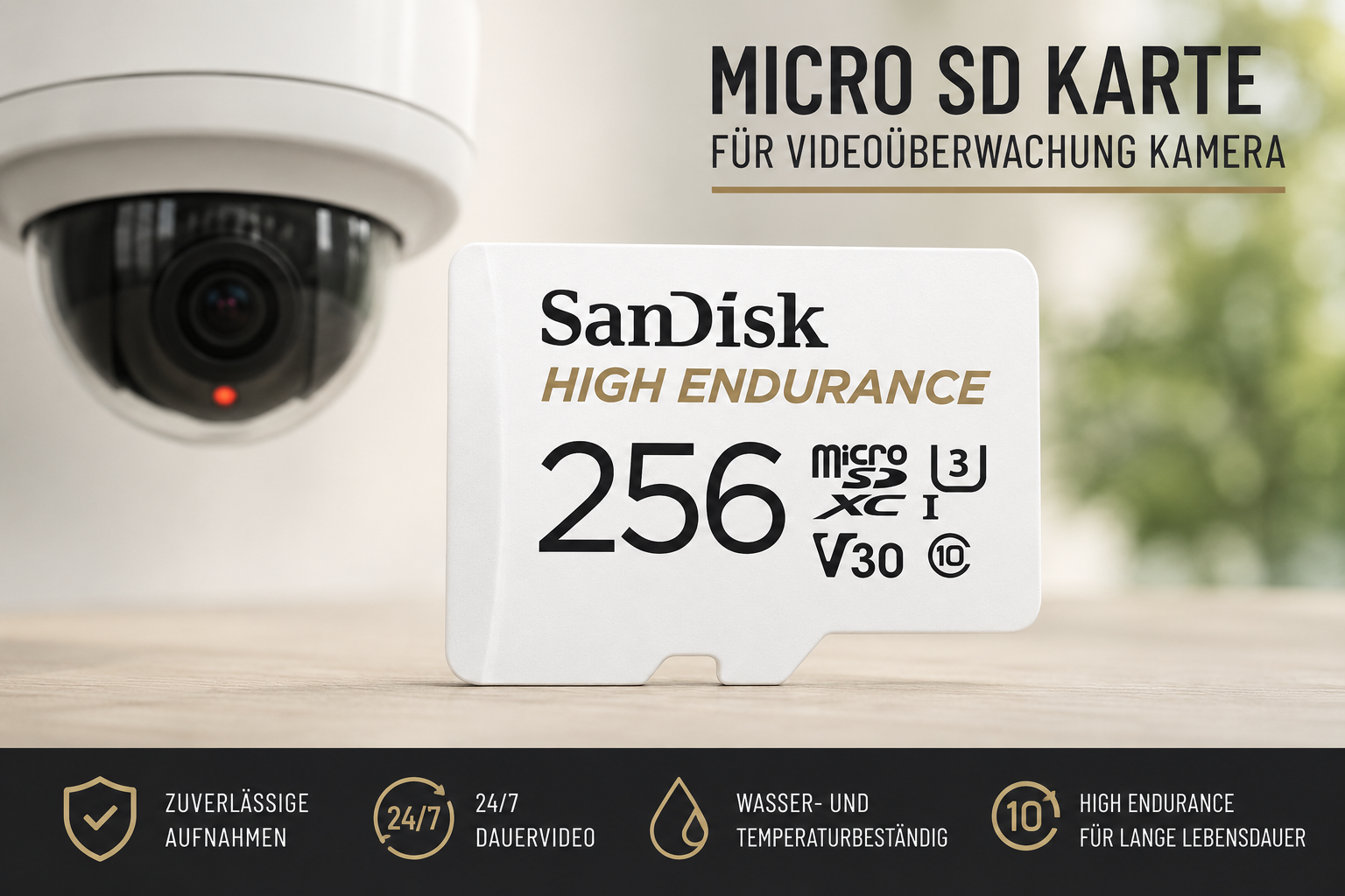 SanDisk High Endurance 256 GB microSDXC Speicherkarte für Videoüberwachung neben einer Dome Überwachungskamera