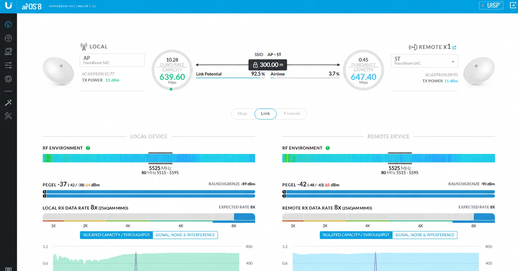 airOS Screenshot NanoBeam 5AC Punkt-zu-Punkt AP zu ST über 300 m mit rund 640 Mbps Kapazität