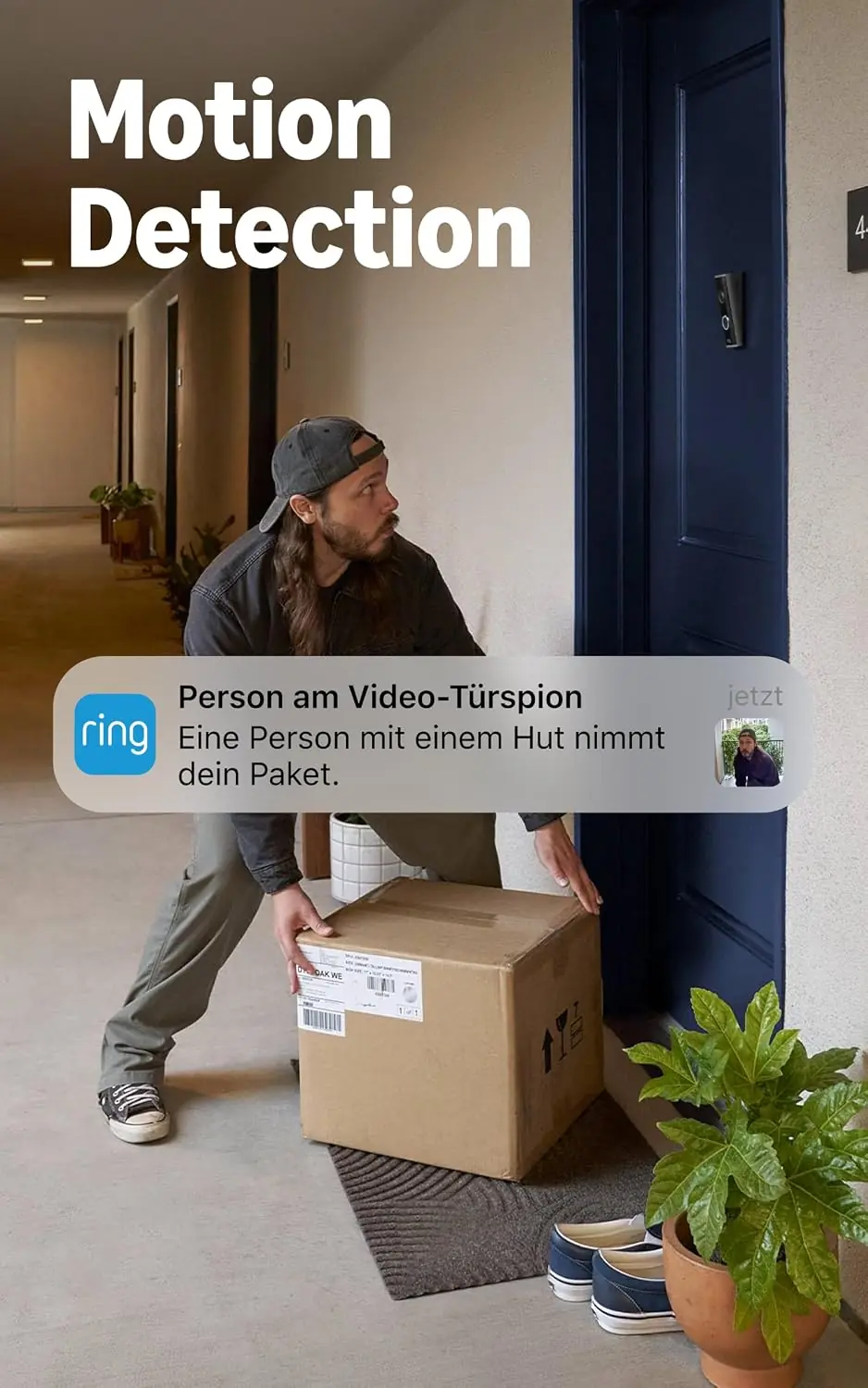 Ring Video Türspion Motion Detection – Person mit Paket vor Wohnungstür, Push Benachrichtigung Person am Video-Türspion auf iPhone