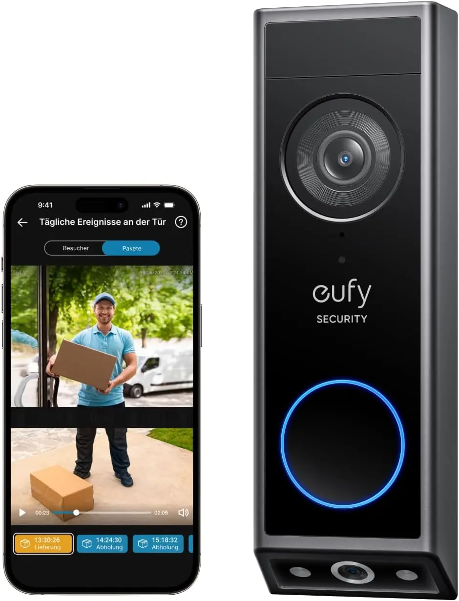 Eufy Security Video Doorbell E340 mit Dual-Kamera, 2K Farb-Nachtsicht und Akkubetrieb an der Haustür montiert