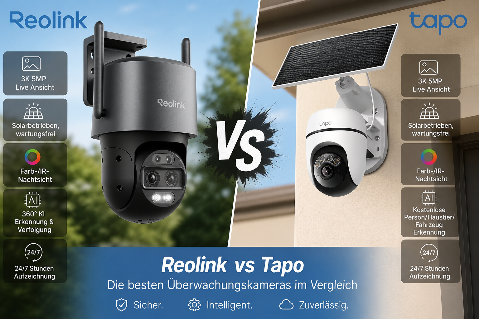 Reolink vs Tapo Überwachungskamera Vergleich – 3K 5MP Live-Ansicht, Solarbetrieb, KI-Erkennung und 24/7 Aufzeichnung im direkten Gegenüberstellung