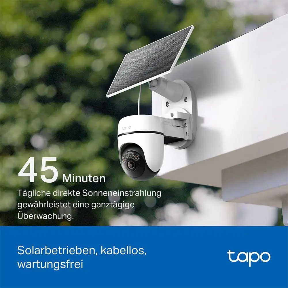 TP-Link Tapo C610 KIT Solar-Pan/Tilt-Überwachungskamera – kabellose Outdoor-Kamera mit integriertem Solarpanel, 2K Auflösung (2304×1296), 360° horizontalem Sichtfeld, Farb-Nachtsicht mit Dual-Spotlight, IP65 Wetterschutz und microSD bis 512 GB ohne Abo