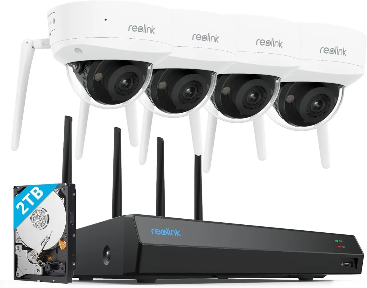 Reolink 4K WLAN NVR-Set mit 4 Dome-Kameras, Antennen und 2 TB Festplatte für Mietobjekte und Bestandsgebäude