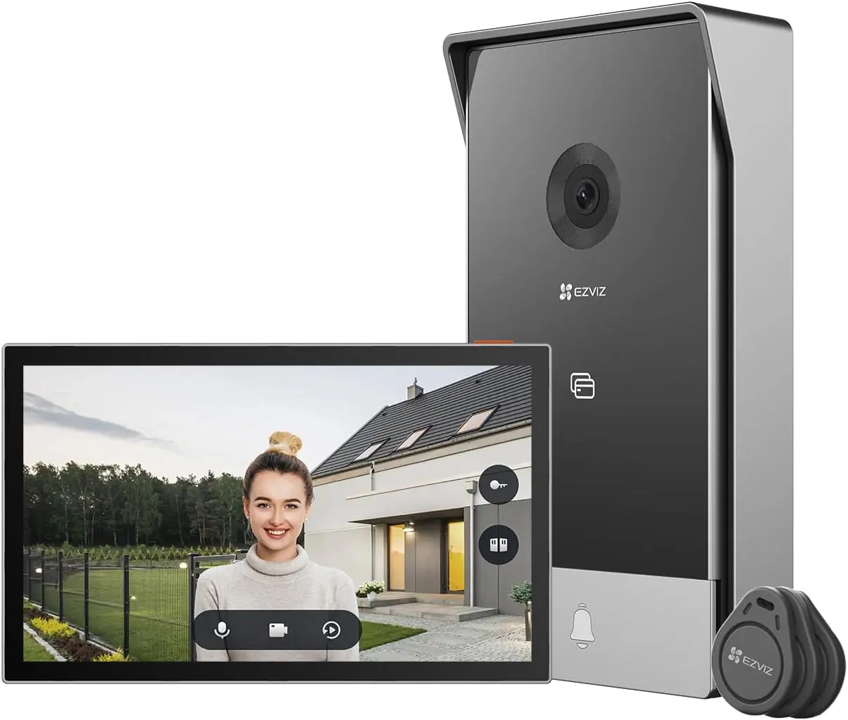 EZVIZ Video-Türsprechanlage Set mit Außenstation, Kamera, Touch-Innenmonitor und RFID-Tags für das Einfamilienhaus