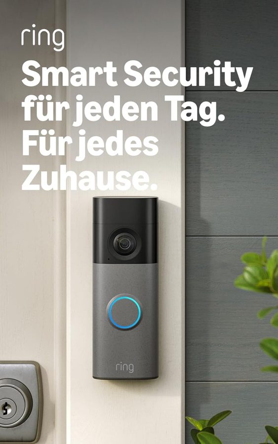 Ring Battery Video Doorbell an einem hellen Türrahmen montiert – Akku-Türklingel mit Kamera, blauem Leuchtring und Zwei-Wege-Audio