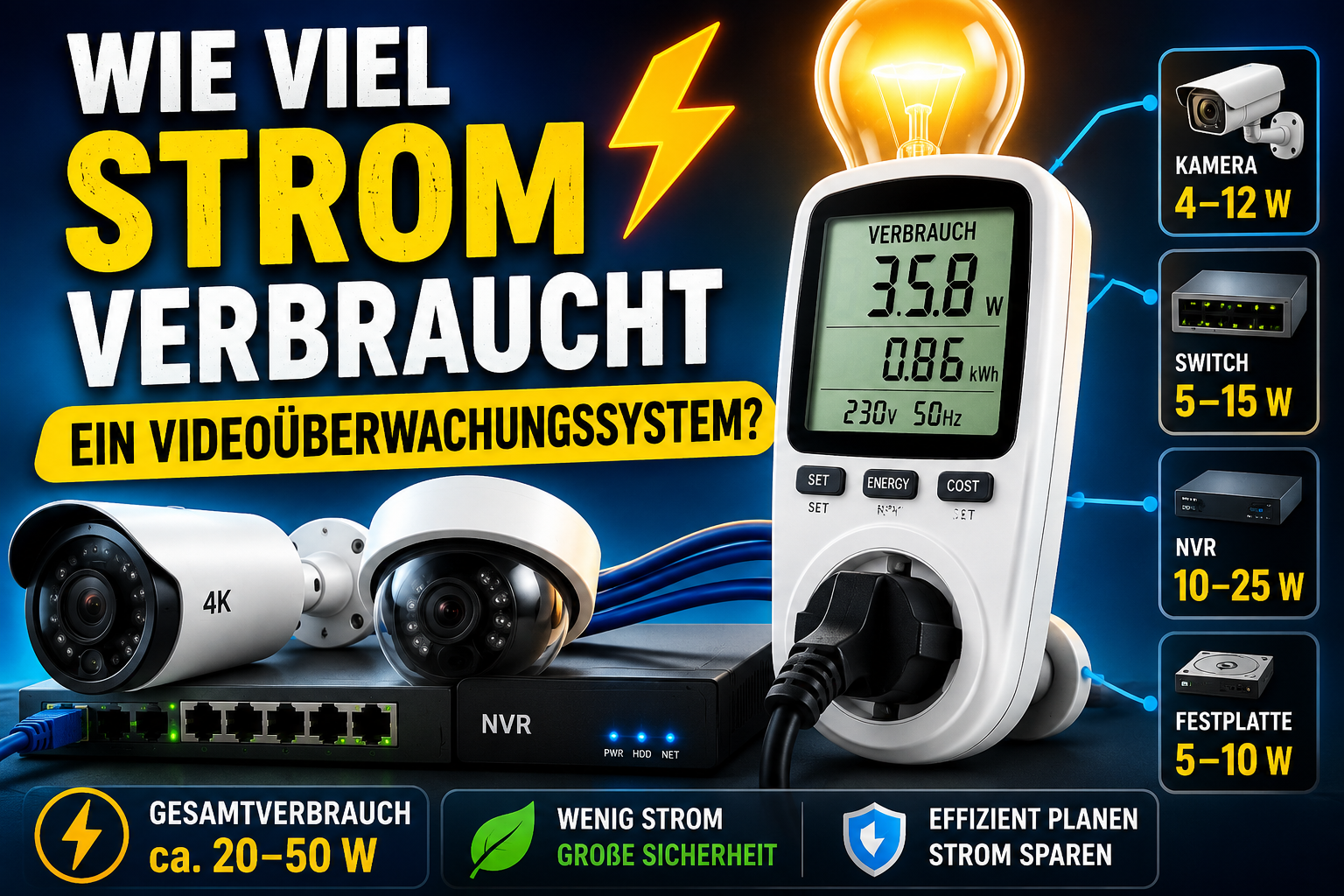 Infografik: Wie viel Strom verbraucht ein Videoüberwachungssystem – Kamera 4–12 W, Switch 5–15 W, NVR 10–25 W, Festplatte 5–10 W, gesamt ca. 20–50 W