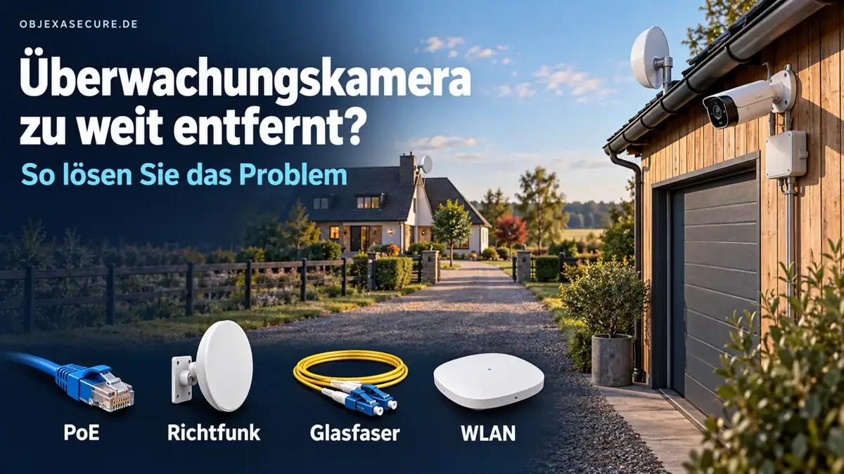 Überwachungskamera zu weit entfernt: Kamera an Garage mit PoE, Richtfunk, Glasfaser und WLAN als Verbindungslösungen