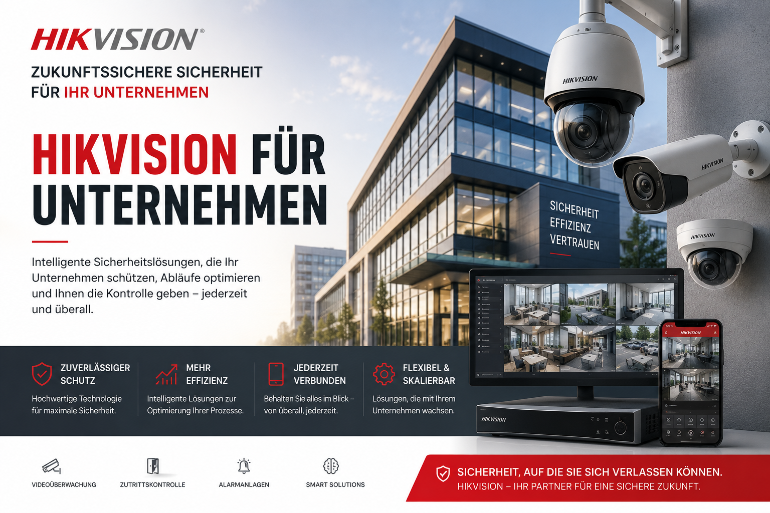 Hikvision CCTV für Unternehmen – PTZ, Bullet und Dome Kameras, NVR und Live-Monitoring an modernem Firmengebäude