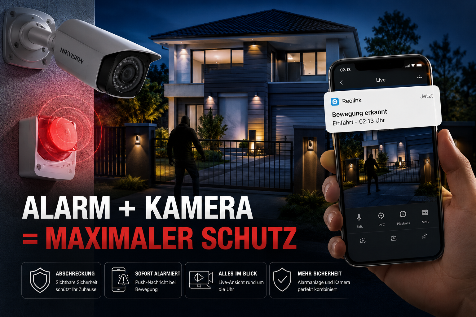 Hikvision Bullet-Kamera mit Außensirene und Reolink-Push-Benachrichtigung auf dem Smartphone – Kombination aus Alarmanlage und Videoüberwachung am Privathaus bei Nacht